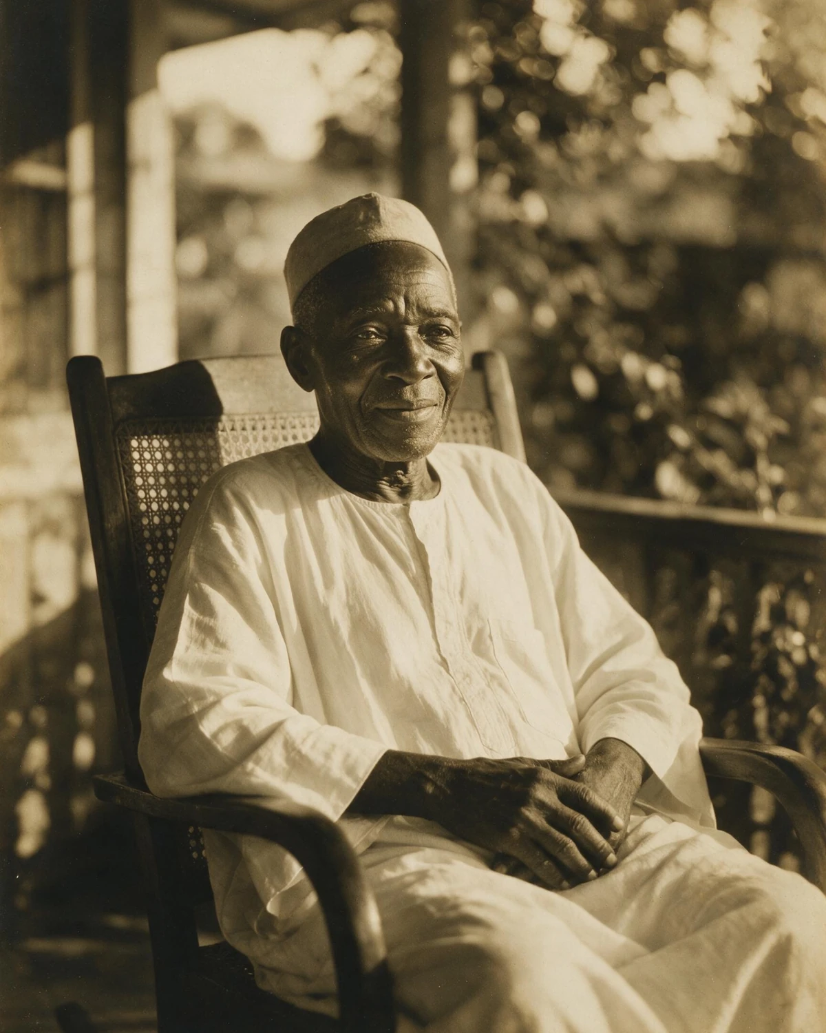 A dignified portrait of an elderly gentleman seated in a wicker chair on a sunlit veranda, warm and unhurried.