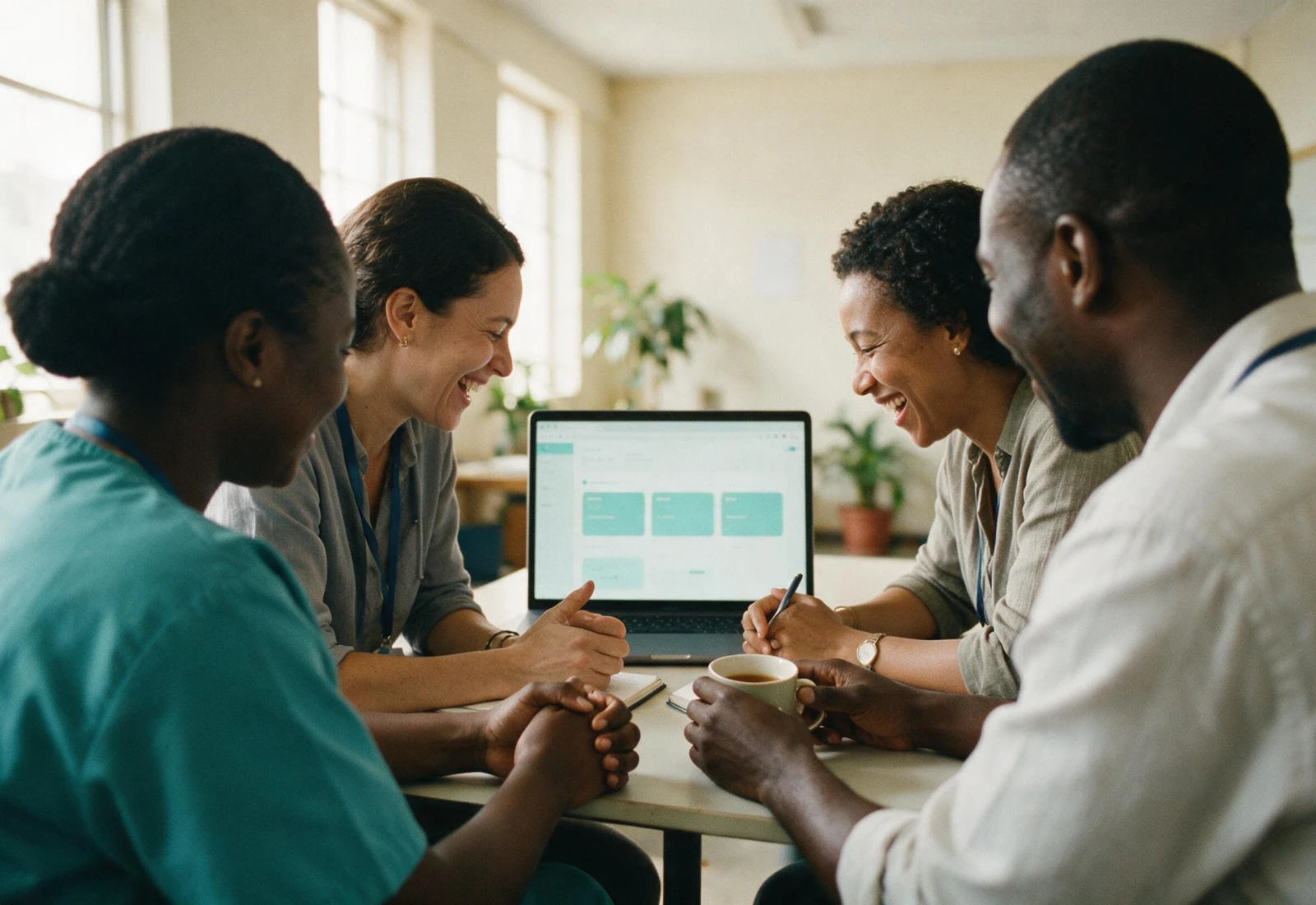 The Insyt clinical team reviewing Care App dashboards together around a laptop in a bright meeting room.