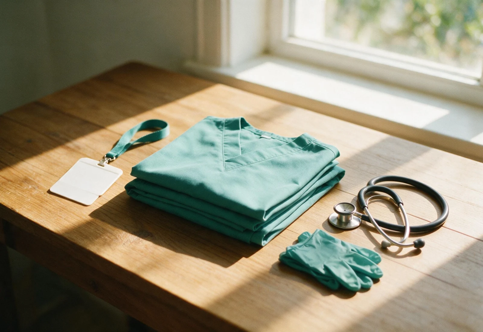 Insyt-teal scrubs folded with a stethoscope, gloves and an ID badge on a table by a window.