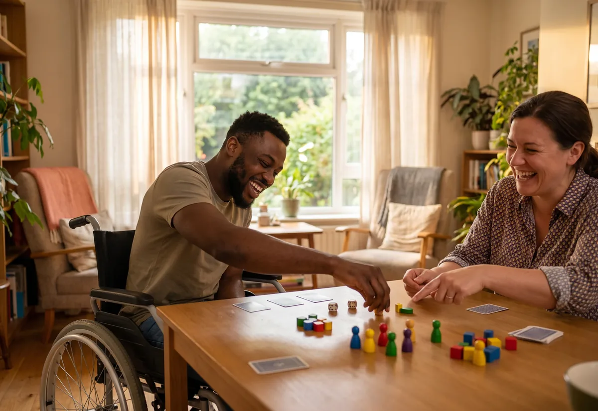 A man in a wheelchair and his caregiver laugh together over a board game at the dining table.
