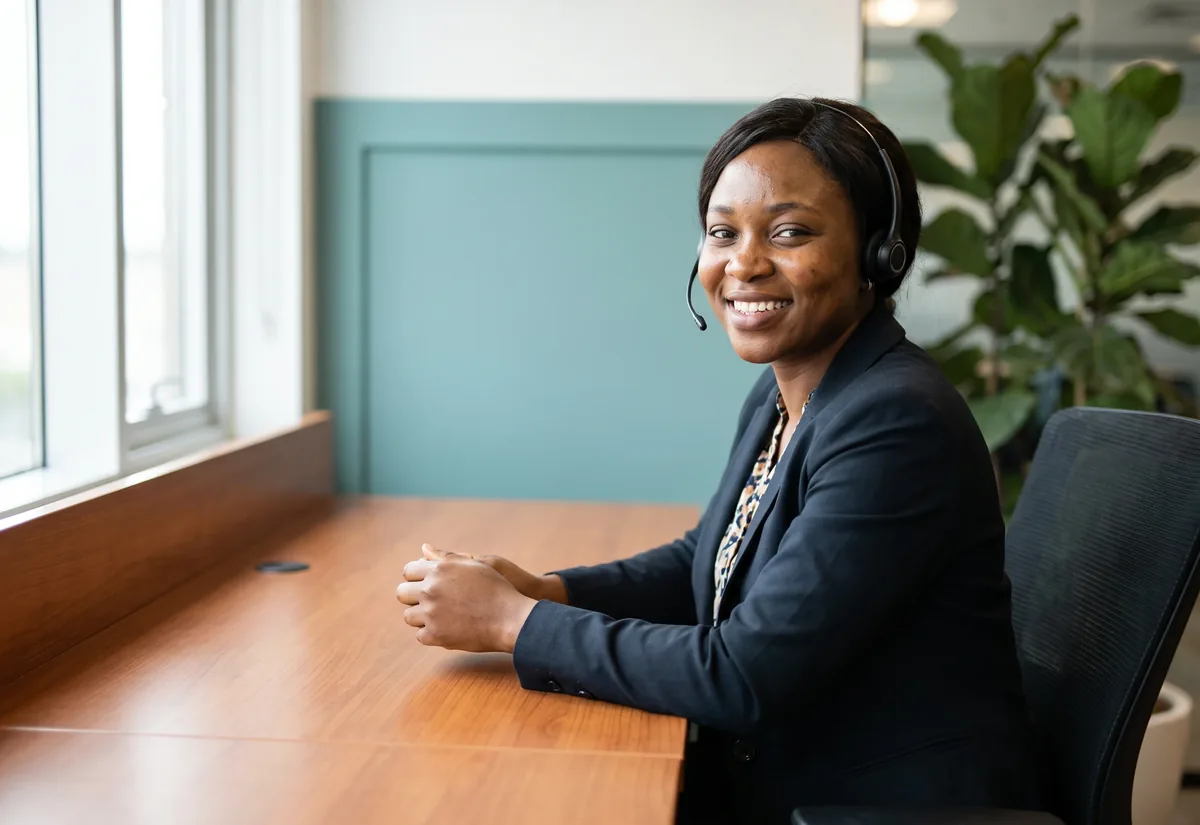 An Insyt care coordinator wearing a headset smiles warmly at her desk in the Lagos office.