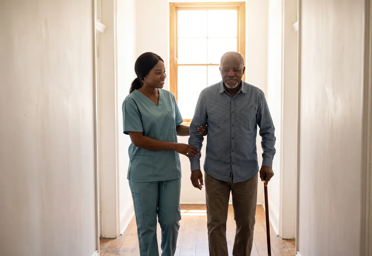 An Insyt caregiver steadies an elderly man as he walks with a cane along a sunlit corridor at home.