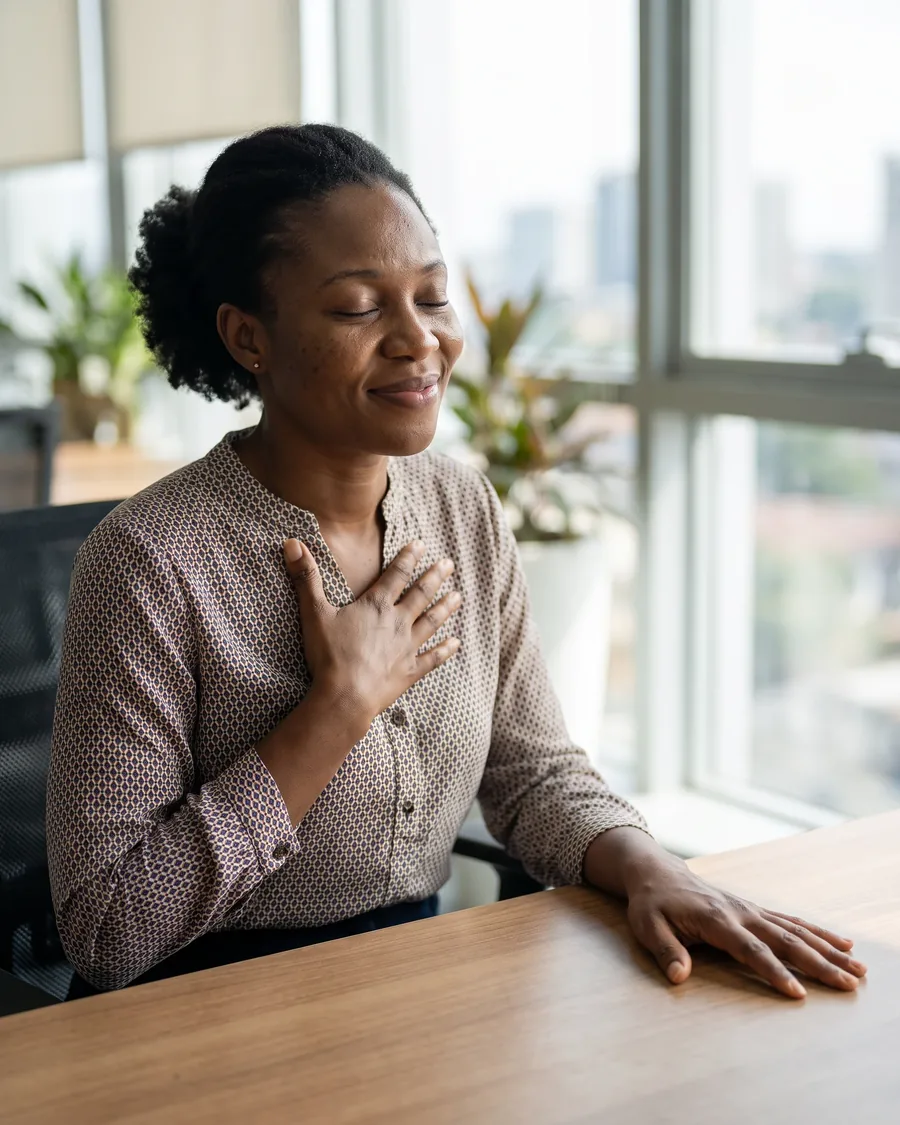 An adult daughter at her office desk pauses with her eyes closed and a hand on her chest, relieved by news of her parent.