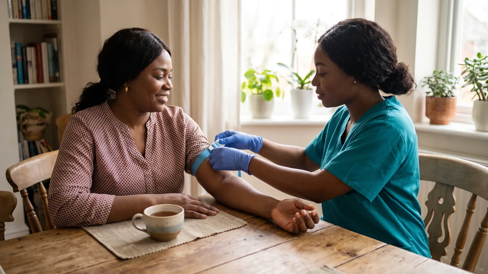 An Insyt nurse fits a tourniquet for a routine blood test at a client’s own dining table, tea beside her.