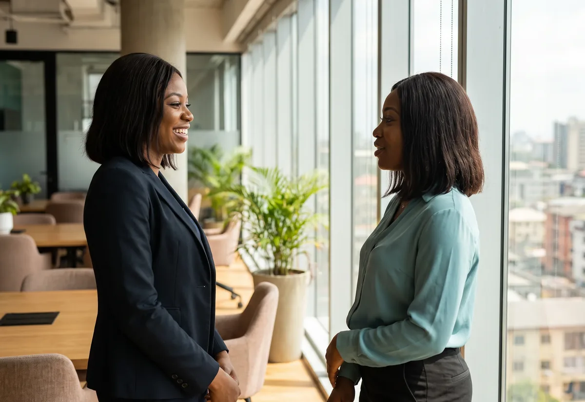 An HR lead and an Insyt care manager talk together by an office window during a wellness review.
