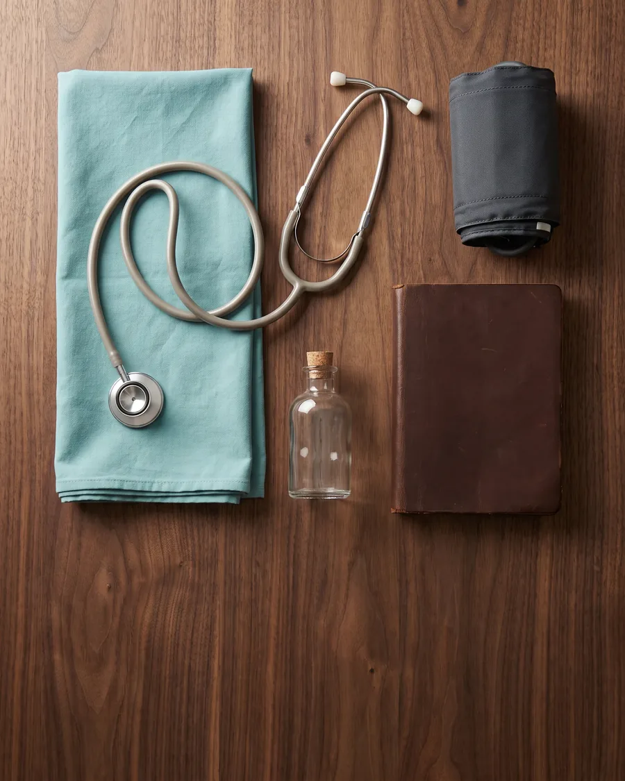 A caregiver kit laid out on a wooden table: stethoscope, blood pressure cuff, folded teal cloth and a notebook.