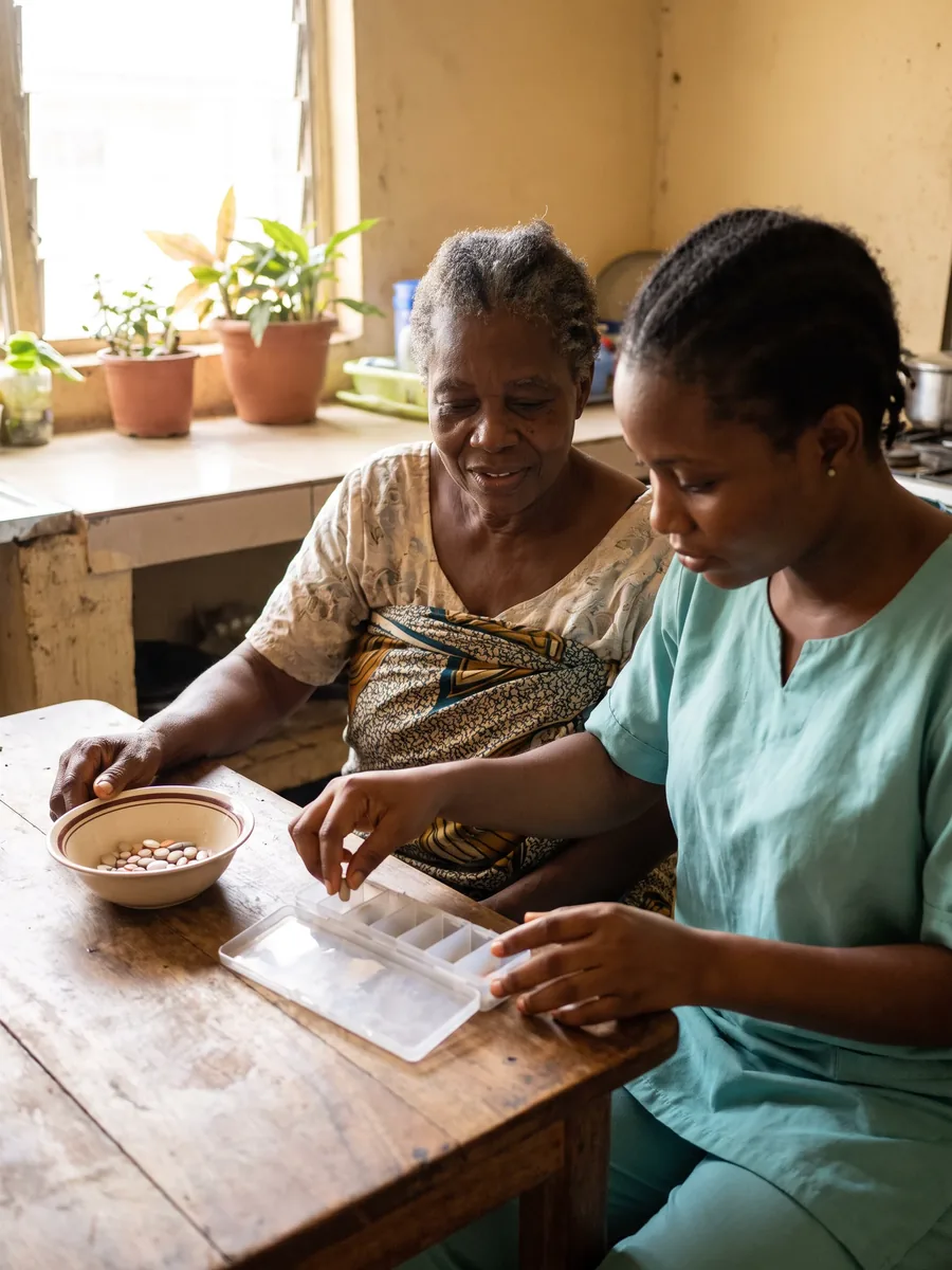 An Insyt caregiver fills a weekly pill organiser at the kitchen table while the elderly client watches.