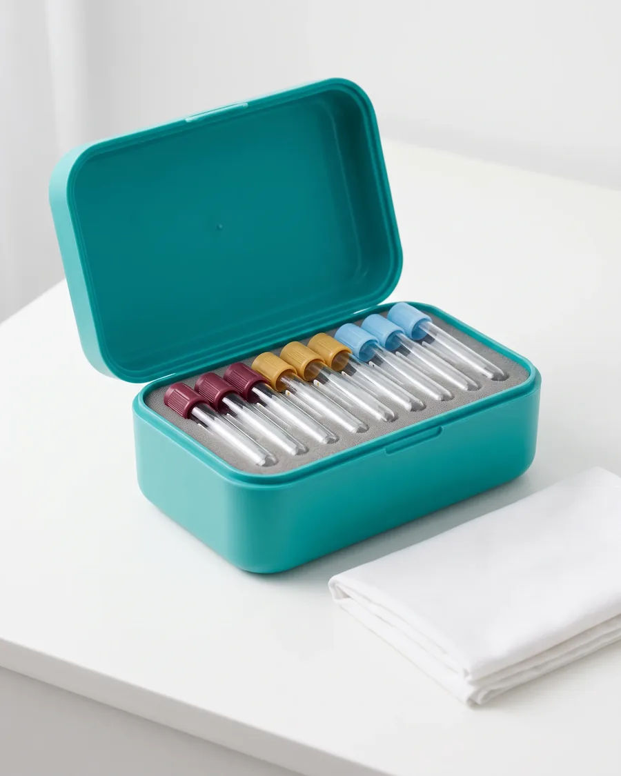 An open sample transport case holding capped blood collection tubes in a foam rack, clinically neat.