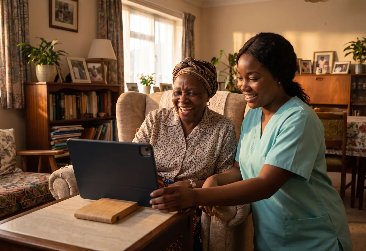 An elderly woman laughs during a video call with family abroad while her Insyt caregiver sits beside her.