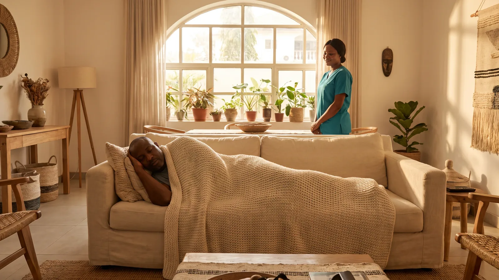 A man rests on a sofa in warm afternoon light while an Insyt nurse watches over him during a wellness session at home.