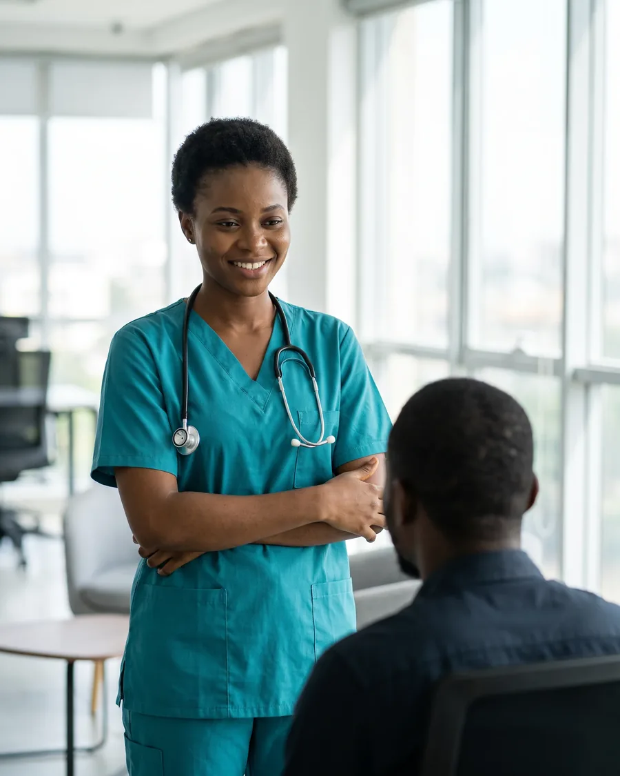 An Insyt nurse in scrubs and stethoscope talks with an employee during an on-site workplace health check.