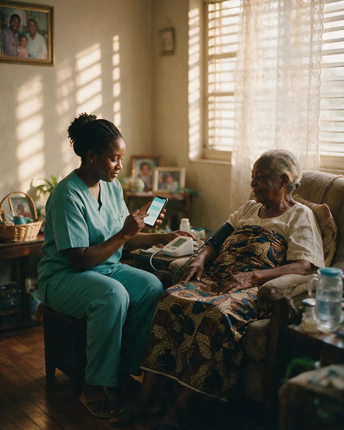 A caregiver logs vitals on the Insyt Care App at the client's side.