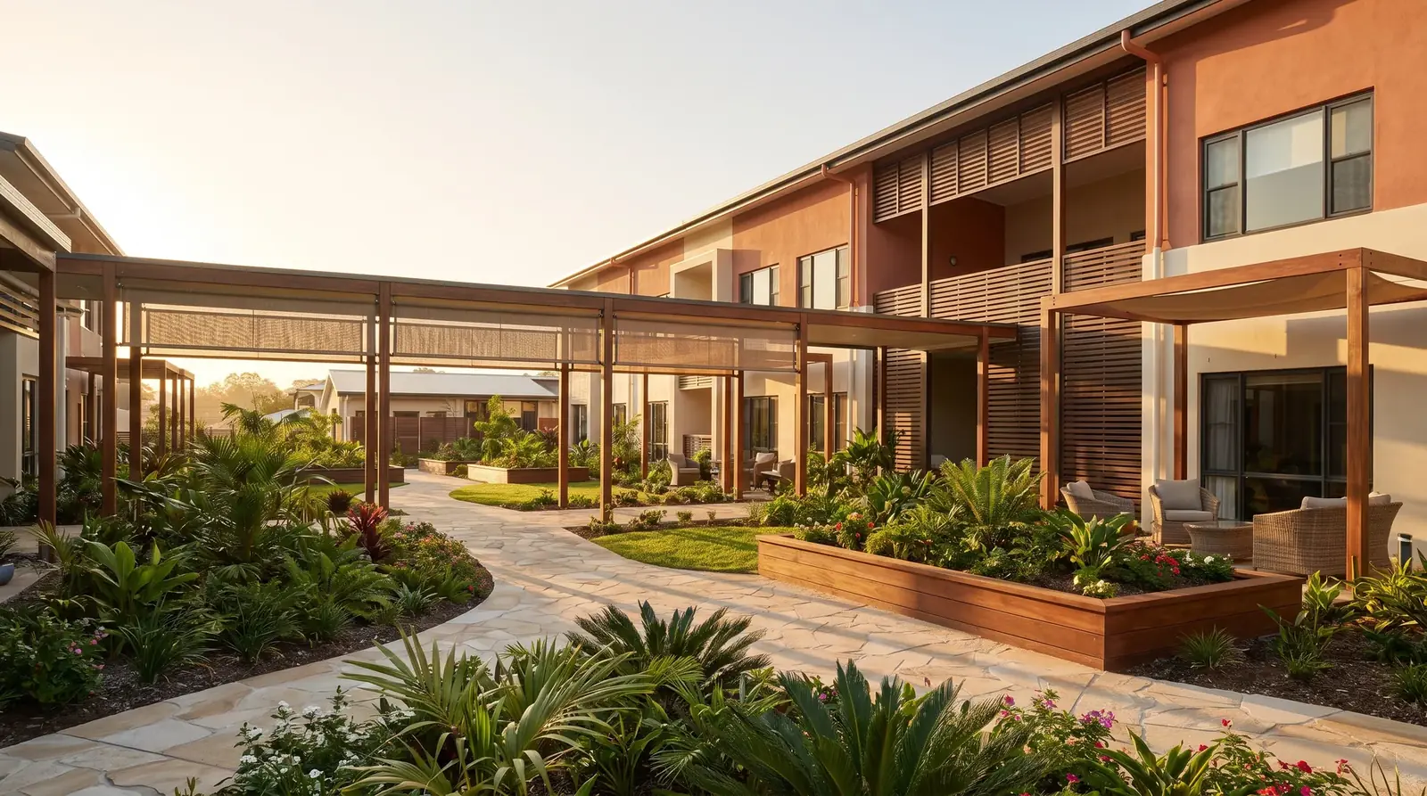 A slow architectural glide through a garden courtyard and breezeway into a light-filled room.