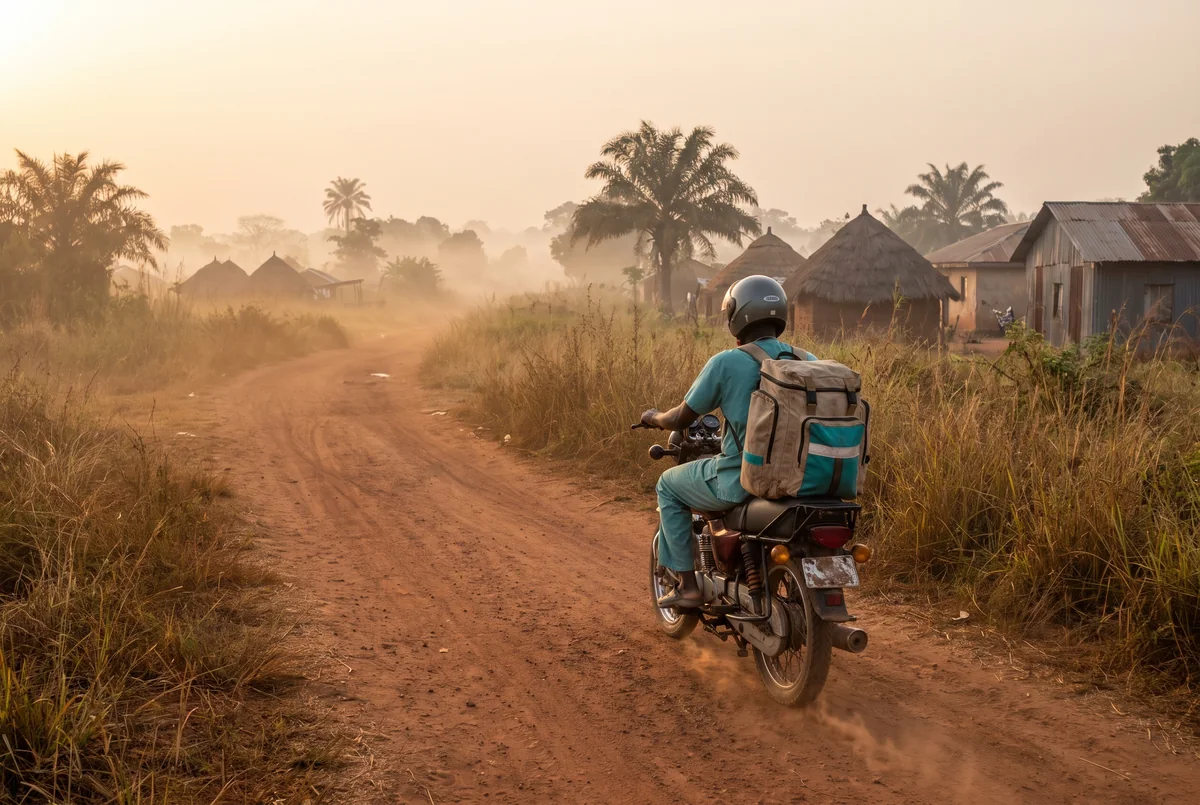 An Insyt nurse rides along a village dirt road at golden hour with a care kit on her back.