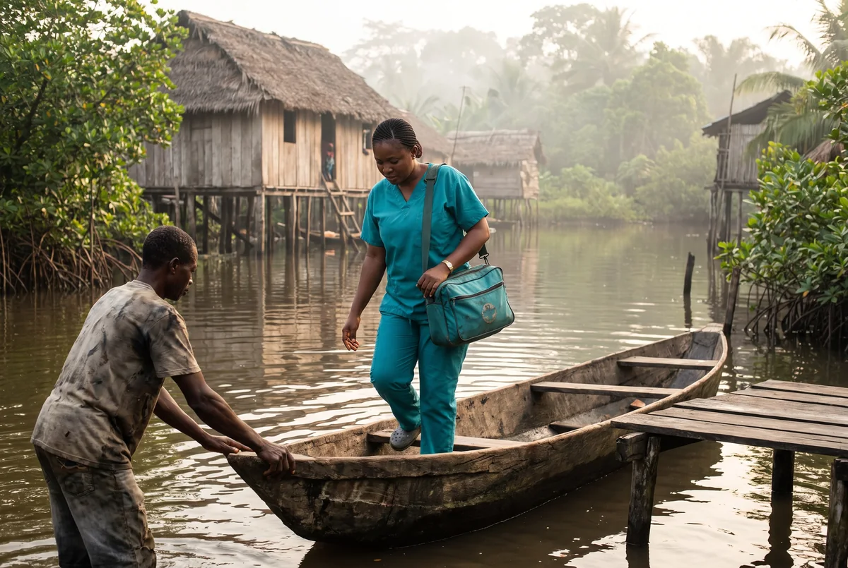 A nurse steps from a canoe carrying a care kit at a Bayelsa creek settlement.