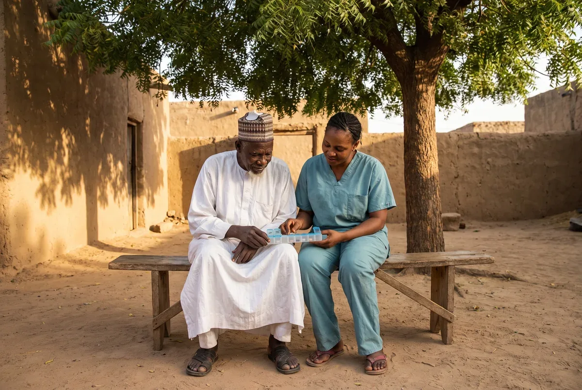 A resident and a caregiver sit side by side on an outdoor bench in unhurried conversation.