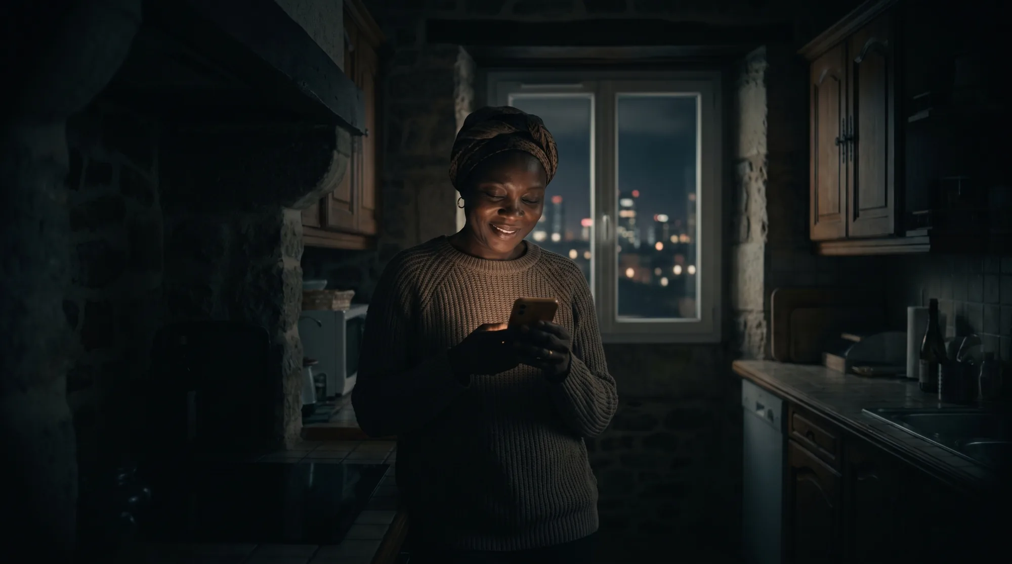 A daughter abroad smiles softly at her phone, lit by the dashboard glow, in a dim evening kitchen.