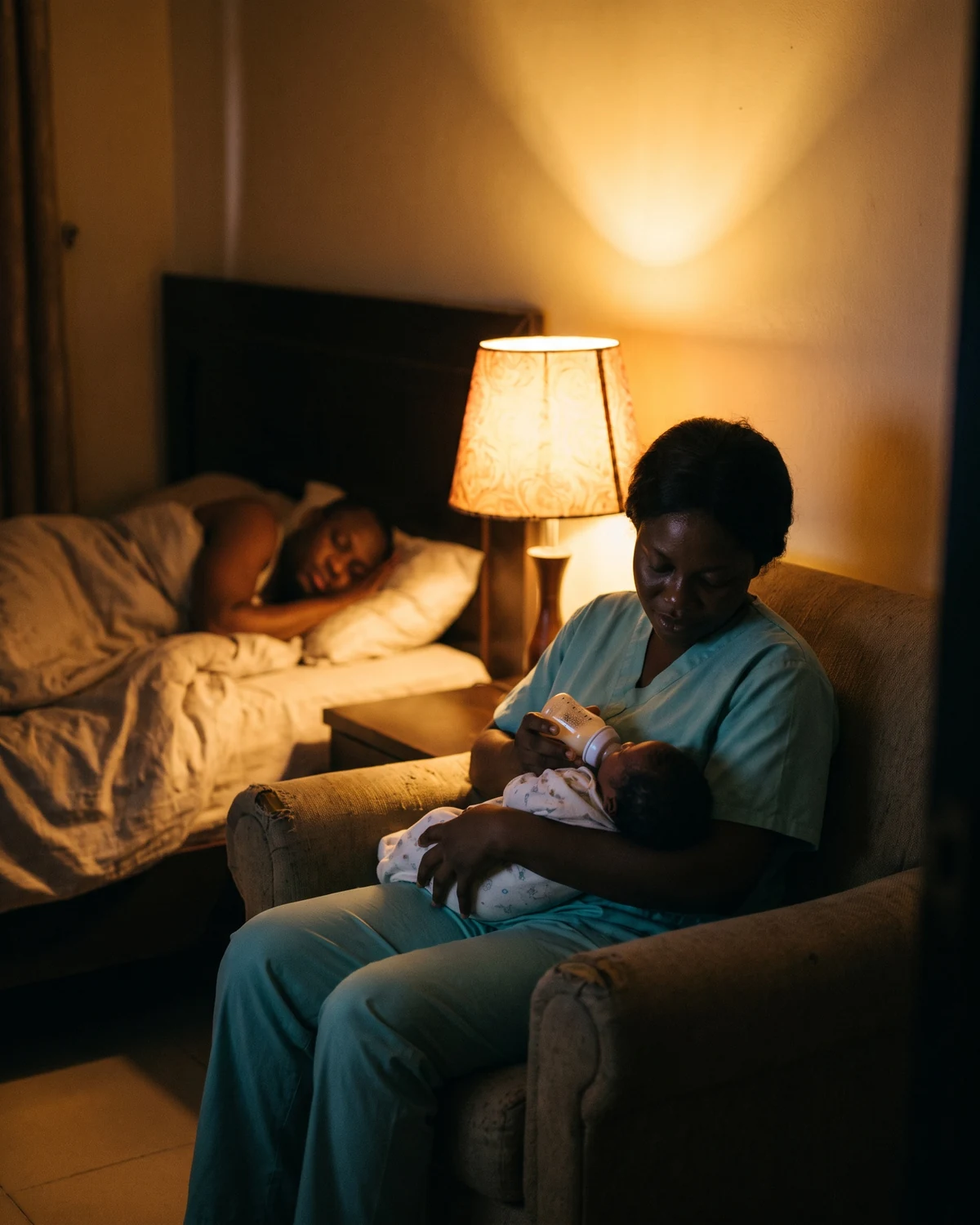In a low lamp-lit room at night, a professional feeds the baby while the mother sleeps in the background.